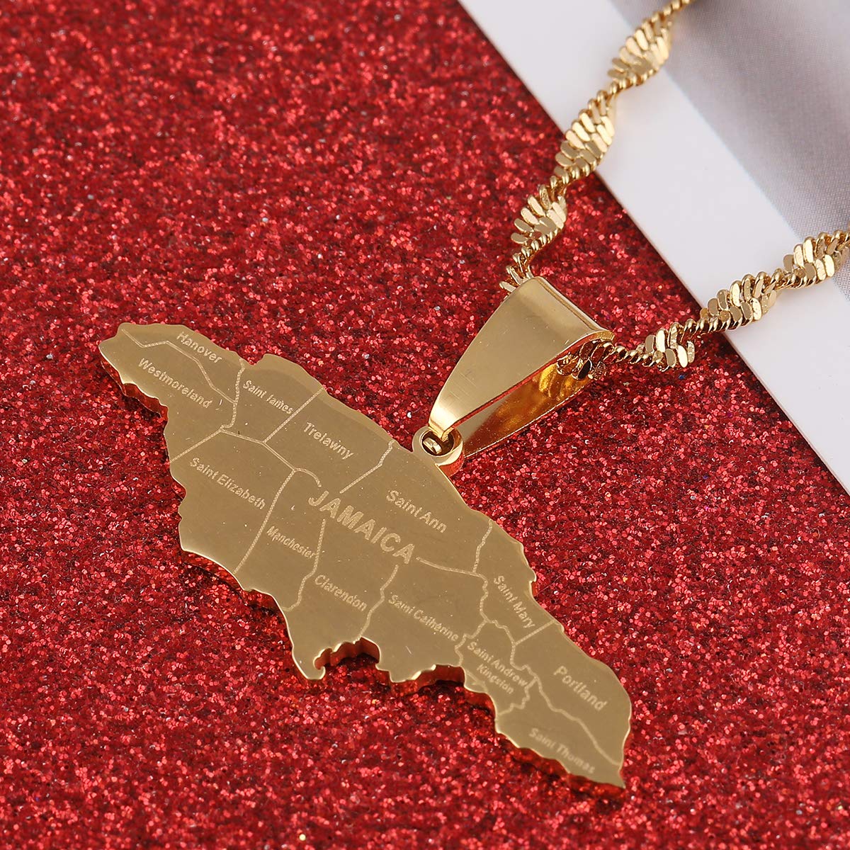 Stainless Steel Map of Jamaica with City Pendant Necklaces for Women Girl (Gold Color)