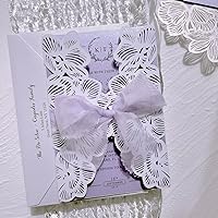 Lavender Purple Wedding Invitations with Ribbon Bows, Floral Elegant Invites and RSVP Cards (50pcs Customized Invitations)