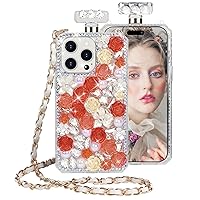 Losin Compatible with iPhone 15 Pro Max Bling Case Luxury Glitter Perfume Bottle Phone Case Cute Sparkle Rhinestones Diamond Flowers Pearl Cover with Lanyard Strap for Women Girls Girly, Red/Rose