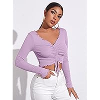 Women's Shirts Women's Tops Shirts for Women Lettuce Trim Drawstring Ruched Front Solid Tee (Color : Lilac Purple, Size : X-Large)