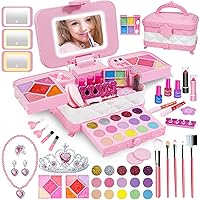 60 in 1 Kids Makeup Kit for Girl, with 3-Color LED Lighted Makeup Mirror Washable Little Girls Makeup Kit Girls Toys Age 3-12 Perfect Girl Birthday Gift