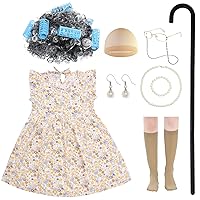 Old Lady Costume Kit 100 Days Of School Costume with Dress Wig Cane Other Halloween Cosplay Accessories