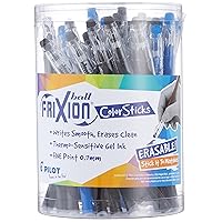Pilot, FriXion ColorSticks Erasable Gel Ink Pens, Fine Point 0.7 mm, Tub of 36, 24 Black & 12 Blue