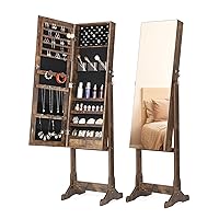 Nicetree Jewelry Cabinet with Full-Length Mirror, Standing Lockable Jewelry Armoire Mirror Organizer, 3 Angel Adjustable, Rustic Brown