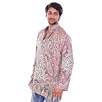 Indian Pashmina Silk Black Color Paisley Print Men’s Kurta Shirt Hand Loom Plus Size Loose Fit Hensley