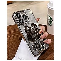Compatible for iPhone 15 Pro Case Cute,Clear Gradient Glitter Bling Cover with Rabbit Mirror, Anti-Scratch Soft TPU Shockproof Protective Phone Case with Stand for Women Girls (Silver)