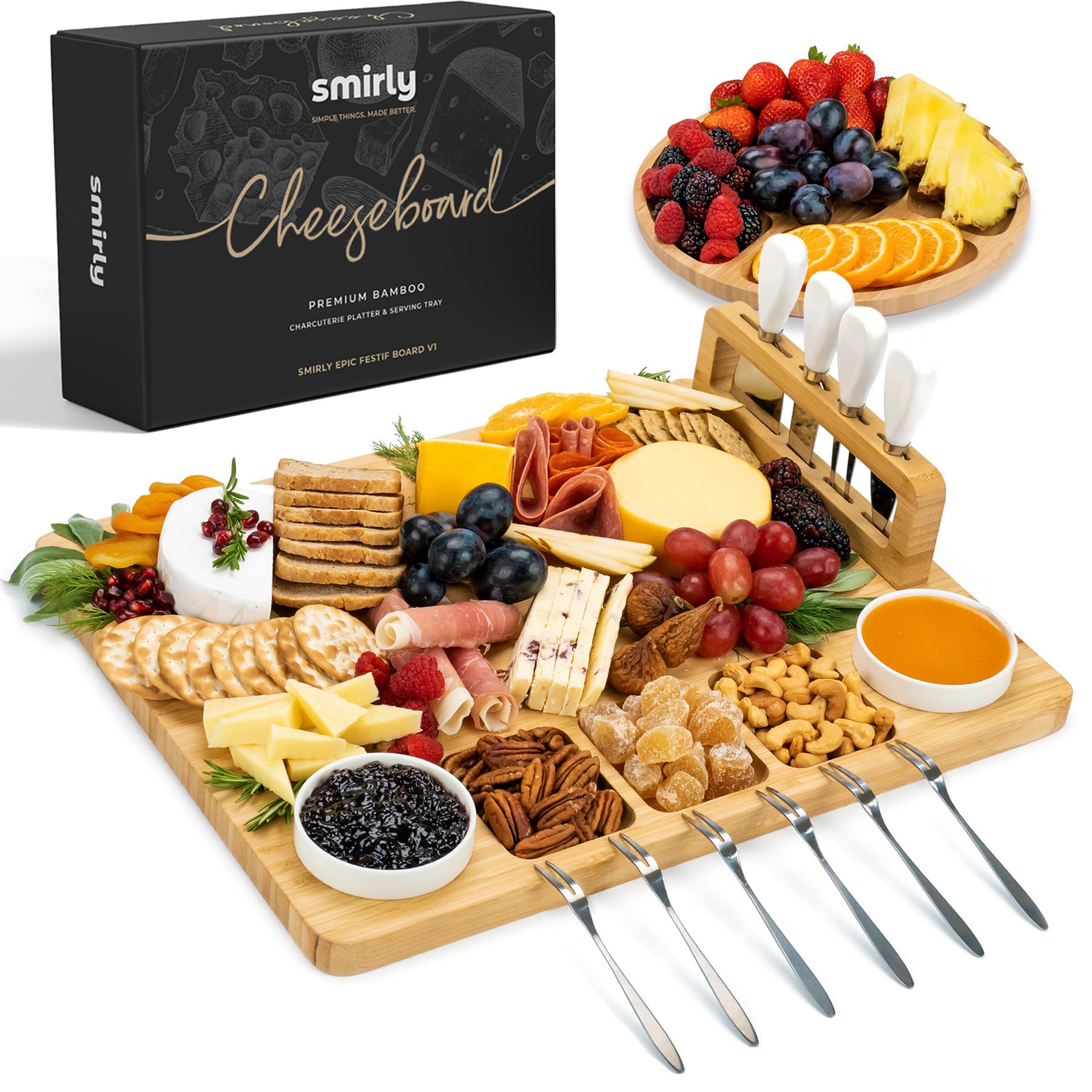 SMIRLY Charcuterie Boards Gift Set: Large Charcuterie Board Set, Bamboo Cheese Board Set - Unique Mothers Day Gifts for Mom - House Warming Gifts New Home, Wedding Gifts for Couple, Bridal Shower Gift