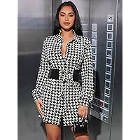 Women's Dress Houndstooth Print Shirt Dress with Lace Up Corset Summer Dress (Color : Black and White, Size : XX-Small)