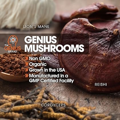 Genius Mushroom - Lions Mane, Cordyceps and Reishi - Immune System Booster & Nootropic Brain Supplement - for Natural Energy, Memory & Liver Support, 90 Veggie Pills