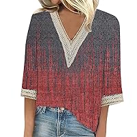 Women's Shirt Blouse Casual Loose Shirts 3/4 Sleeve Lace Trims Print V Neck Tops Print Women's Athletic Shirts