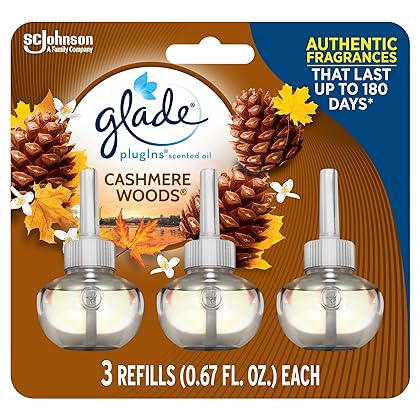 Glade PlugIns Refills Air Freshener, Scented and Essential Oils for Home and Bathroom, Cashmere Woods, 2.01 Fl Oz, 3 Count