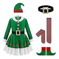 5Pcs Christmas Elf Costume For Girls Kids Christmas Elf Costume with Elf Hat Shoes Ears Belt and Socks