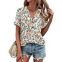 Womens Blouse Women's Sunflower Leisure Short Sleeved T-Shirt Summer Button V-Neck Top Loose T-Shirt Top
