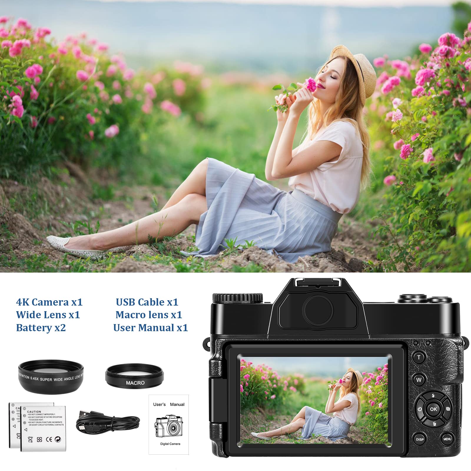 4K Vlogging Camera for YouTube, 48MP Digital Camera for Photography with 3”Flip Screen, 16x Digital Zoom and Video Autofocus Anti-Shake, Wide Angle Lens, Macro Lens, 2 Batteries, 32GB Micro SD Card