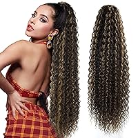 30 Inch Curly Ponytail Extensions Synthetic Deep Wave Drawstring Ponytail For Black Women Human Hair Feeling With Clip In Thick Ponytail Hair Dark Brown Highlight Blonde Hairpiece(P4/27,160g)