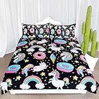 Chubby Unicorn Bedding Kids Girls Cute Unicorn in Rainbow Sprinkles Donut Pattern Duvet Cover 3 Piece College Dorm Sweet Bed Sets (Queen)