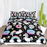 Chubby Unicorn Bedding Kids Girls Cute Unicorn in Rainbow Sprinkles Donut Pattern Duvet Cover 3 Piece College Dorm Sweet Bed Sets (Full)