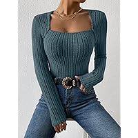 Women's T-Shirt Square Neck Ribbed Knit Tee T-Shirt for Women (Color : Dusty Blue, Size : X-Small)