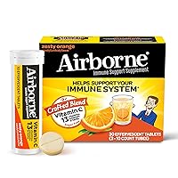 Airborne 1000mg Vitamin C with Zinc, SUGAR FREE Effervescent Tablets, Immune Support Supplement with Powerful Antioxidants Vitamins A C & E - 30 Fizzy Drink Tablets, Zesty Orange Flavor