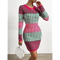 TLULY Sweater Dress for Women Houndstooth & Colorblock Sweater Dress Sweater Dress for Women (Color : Multicolor, Size : Small)
