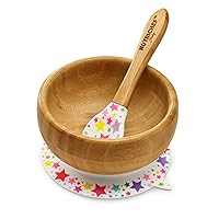 NutriChef Bamboo Baby Feeding Bowl - Wooden Infant Toddler Dish and Spoon Set w/Silicone Suction Base for Stay Put Eating, For Children Aged 4-72 Months (Star Bowl)