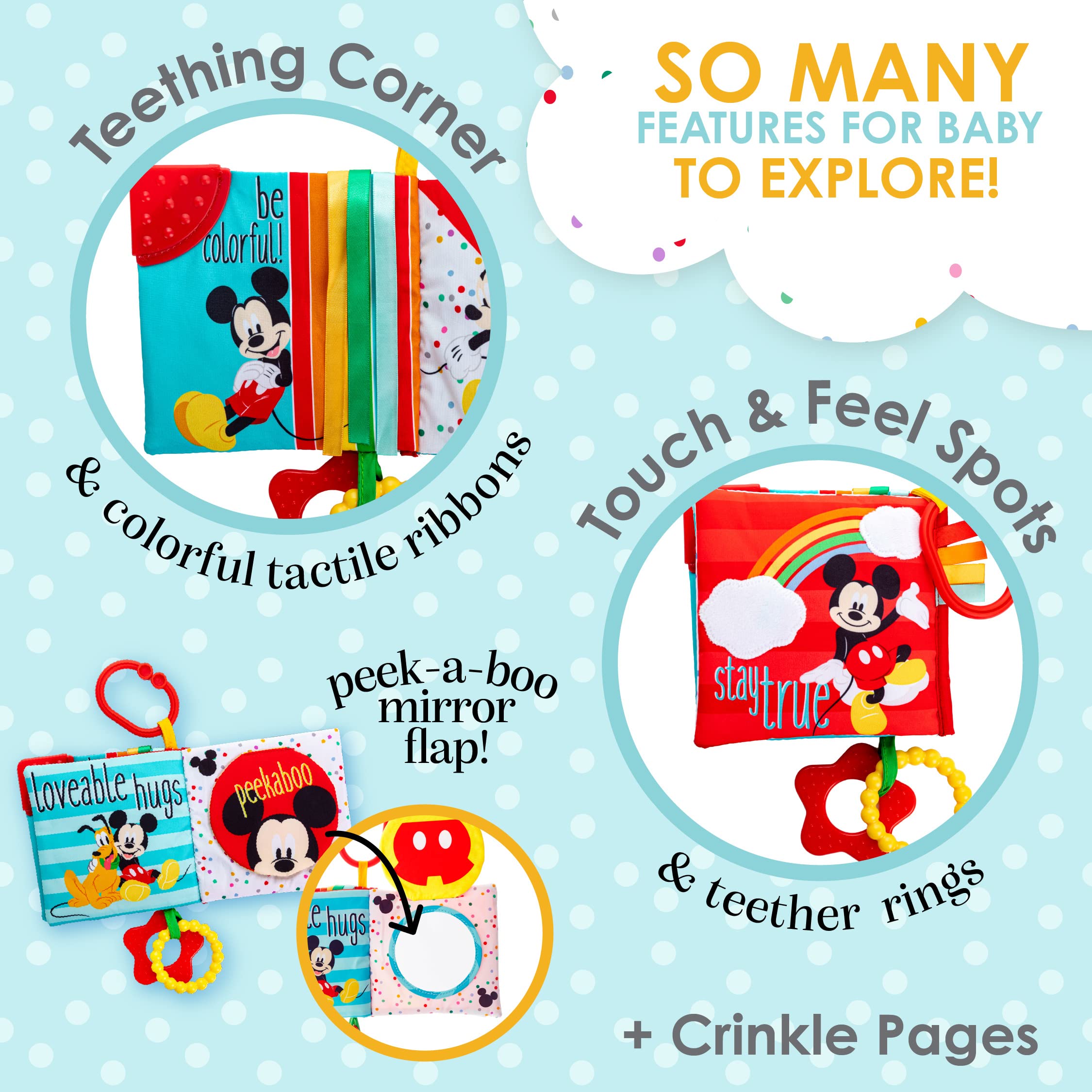 Kids Preferred Disney Baby Mickey Mouse Colorful Crinkle Soft Book with Teething Corner and On-The-Go Clip for Babies