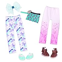Glitter Girls – 14-inch Doll Clothes and Accessories – Leggings, Shoes, Hair Clip, and Clutch Purse Fashion Set – Stars & Candy – Toys for Kids Ages 3 and Up (Pink & Blue)