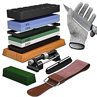 Knife Sharpening Stone Set - Premium 4 Side Grit 400/1000 3000/8000 Whetstone Sharpener Kit - Non-Slip Bamboo Base,Cut Resistant Gloves, Angle Guide,Flatting Stone,Honing Guide,Leather Strop