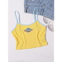 Women's Tops Sexy Tops for Women Shirts Contrast Binding Planet Patched Cami Top Shirts for Women (Color : Yellow, Size : Medium)