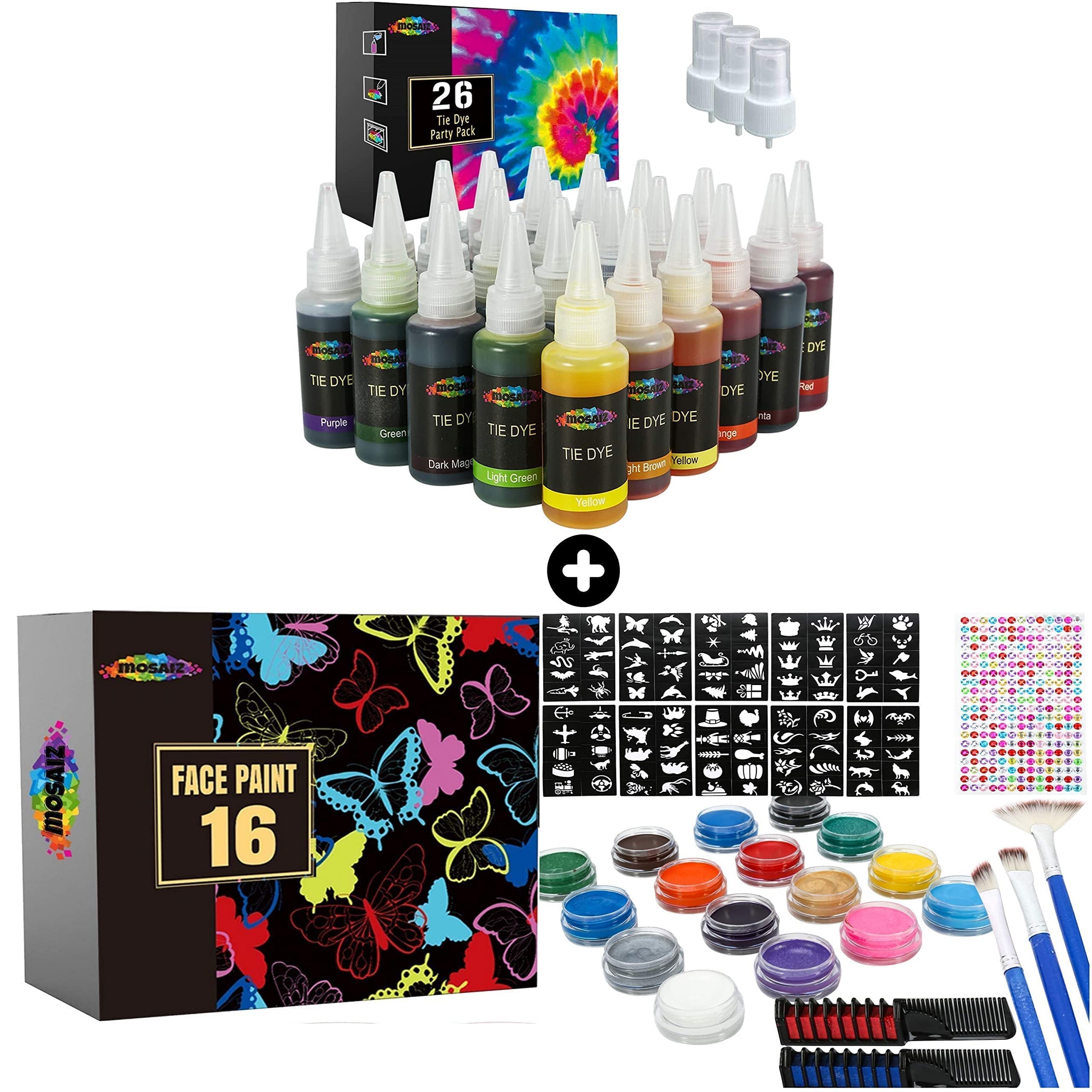 Mosaiz Tie Dye Kit 26 Colors with Spray Nozzles for Fabric Bundle with Face Paint Kit 16 Colors Including Metallic Gold and Silver Colors, 2 Hair Chalk, 3 Brushes, 260 Adhesive Gems and 100 Stencils