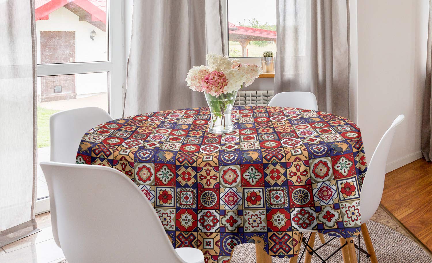 Lunarable Talavera Round Tablecloth, Vintage Style Spanish Floral Motifs Pottery Look Continuous Pattern, Circle Table Cloth Cover for Dining Room Kitchen Decoration, 60