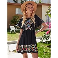 TLULY Dress for Women Plants Embroidered Butterfly Sleeve Smock Dress (Color : Black, Size : X-Large)