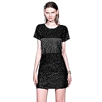 LAI MENG FIVE CATS Women's Chic Stretch Short Sleeves Sequin Tassel Trim Bodycon Cocktail Party Mini Dress