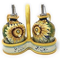 Italian Ceramic Set Dispenser Oil Cruet and Vinegar Art Pottery Hand Painted Sunflower Made in ITALY Tuscan