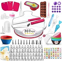 307 Pcs Cake Decorating Supplies Kit -1 Turntable stand-48 Numbered icing tips with pattern chart chart & E.Book-1 Cake Leveler-Straight & Angled Spatula-3 Russian Piping nozzles-Baking tools