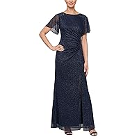 S.L. Fashions Women's Glitter Mesh Stretch Dress W/Shoulder Embellishment Formal Long Gown, (Petite and Regular Sizes)