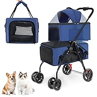 Double Pet Strollers, Dog Strollers for 2 Small Dogs or Cats, Double Cat Strollers with 2 Detachable Carrier Bags, Folding Dog Strollers with 4 Lockable Wheels, Travel Small Dog Strollers