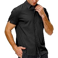 Men's Cotton Linen Button Down Shirt Casual Short Sleeve Summer Beach Shirts Plain Lightweight Breathable Shirts