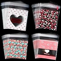 Whaline 400 Pieces Valentine Cellophane Bags Cookie Treat Bags, Heart Self-Adhesive Clear Plastic Candy Bags Party Favor Gifts Goodies Bags, 4 Styles