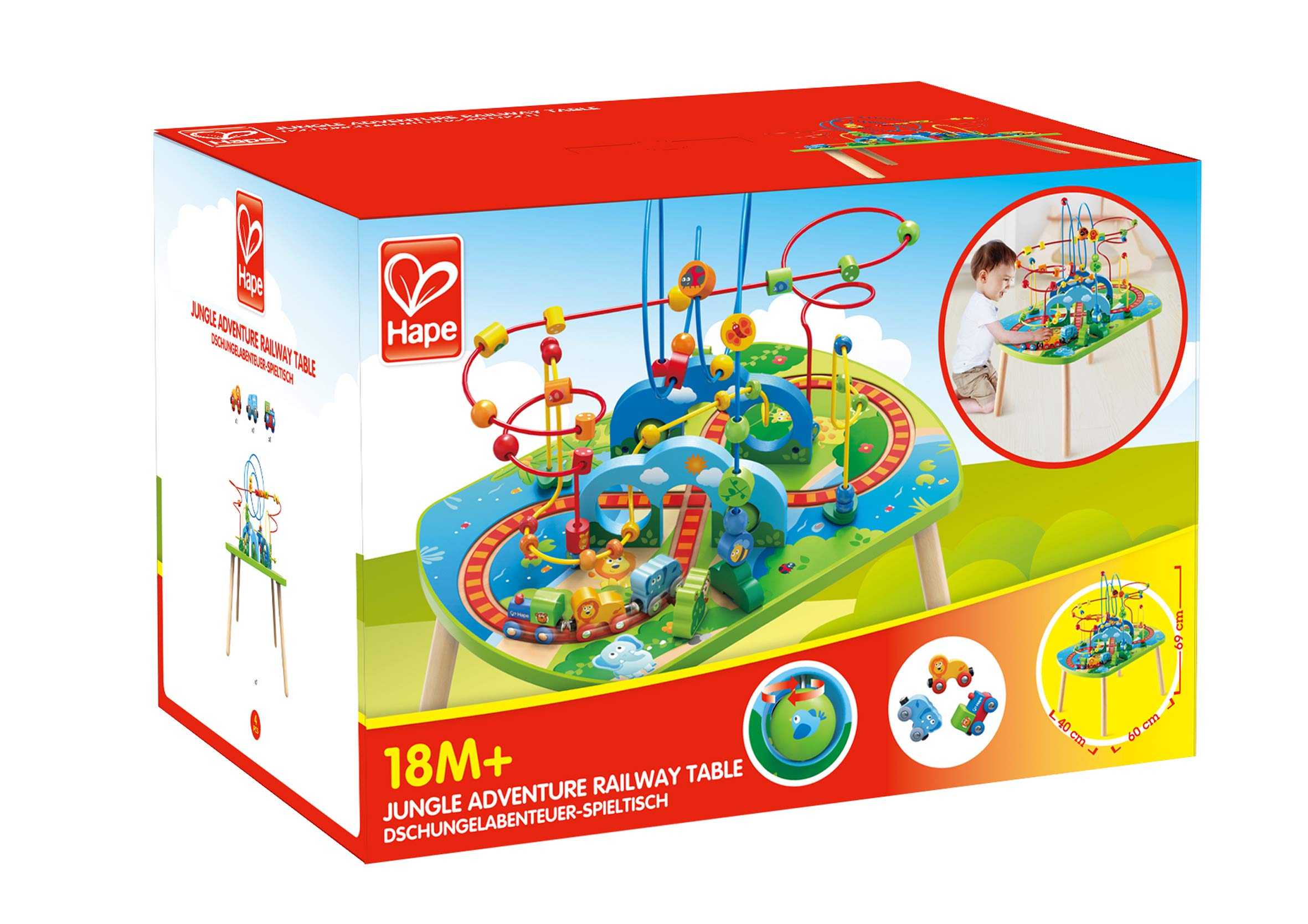 Hape E3824 Jungle Adventure Kids Toddler Wooden Bead Maze & Railway Train Track Play Table Toy for Ages 18 Months and Up Multicolor, 25.6