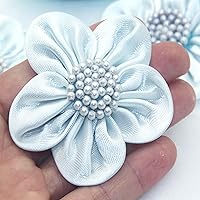 30 Pcs Ribbon Flowers for Crafts 2.4 in Daisy Flowers with Bead Appliques for Wedding Bridal Party Dress Decoration (Blue)