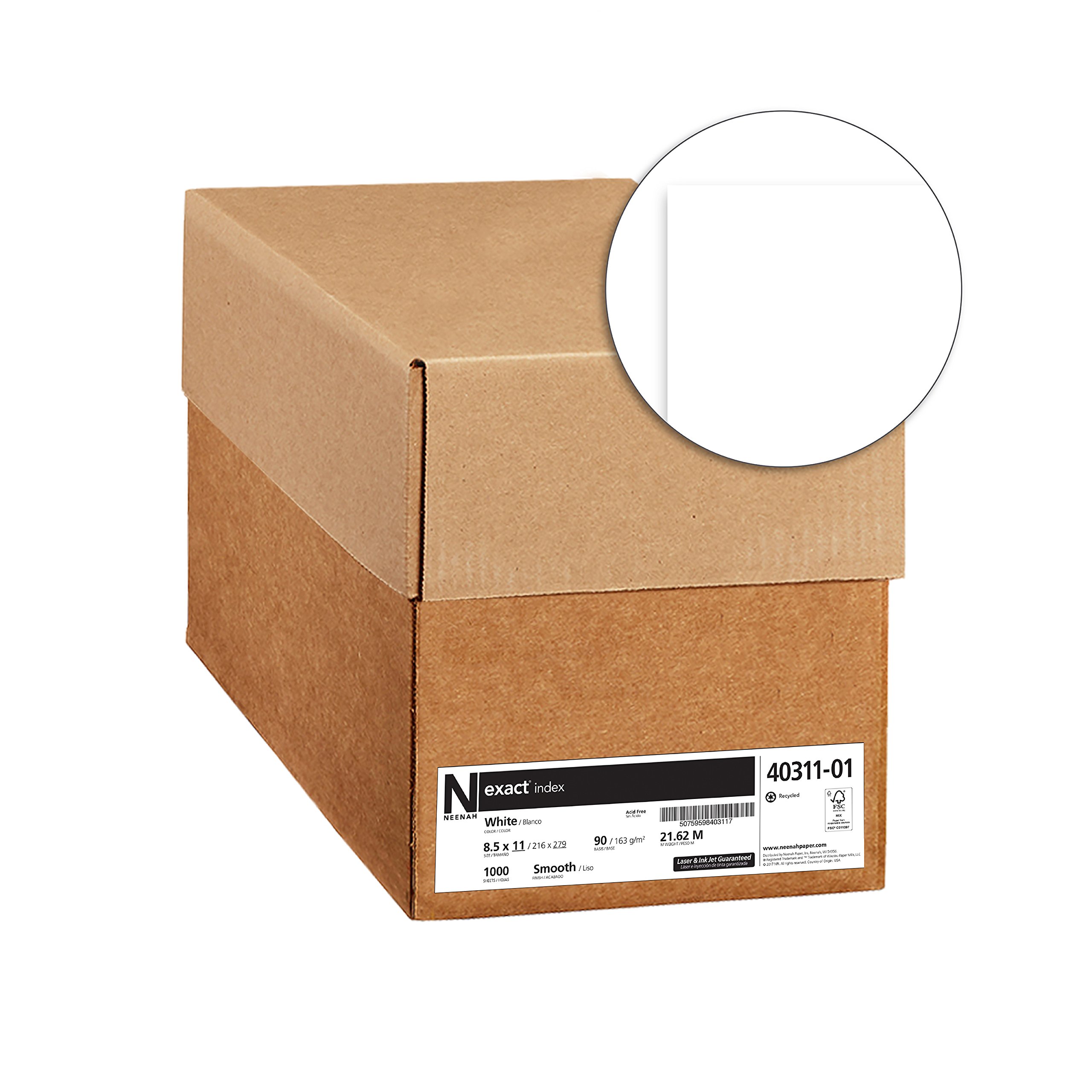 Exact Index Cardstock, 94 Brightness, 90 lb /163 gsm, 1000 Sheets/Carton, 8.5