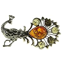 BALTIC AMBER AND STERLING SILVER 925 DESIGNER MULTI-COLOURED PEACOCK BROOCH PIN JEWELLERY JEWELRY