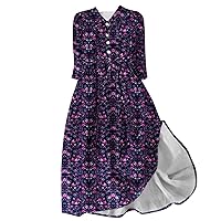 Casual Boho Floral Button Lapel Dress Women Plus Size Summer 3/4 Sleeve Lace-Up Beach Dress Flowy Henley Shirt Dress
