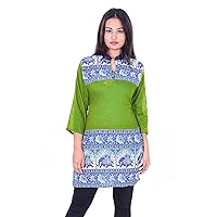 Indian Womne's Top Casual Tunic Ethnic Animal Print Cotton Kurti Green Color Plus Size