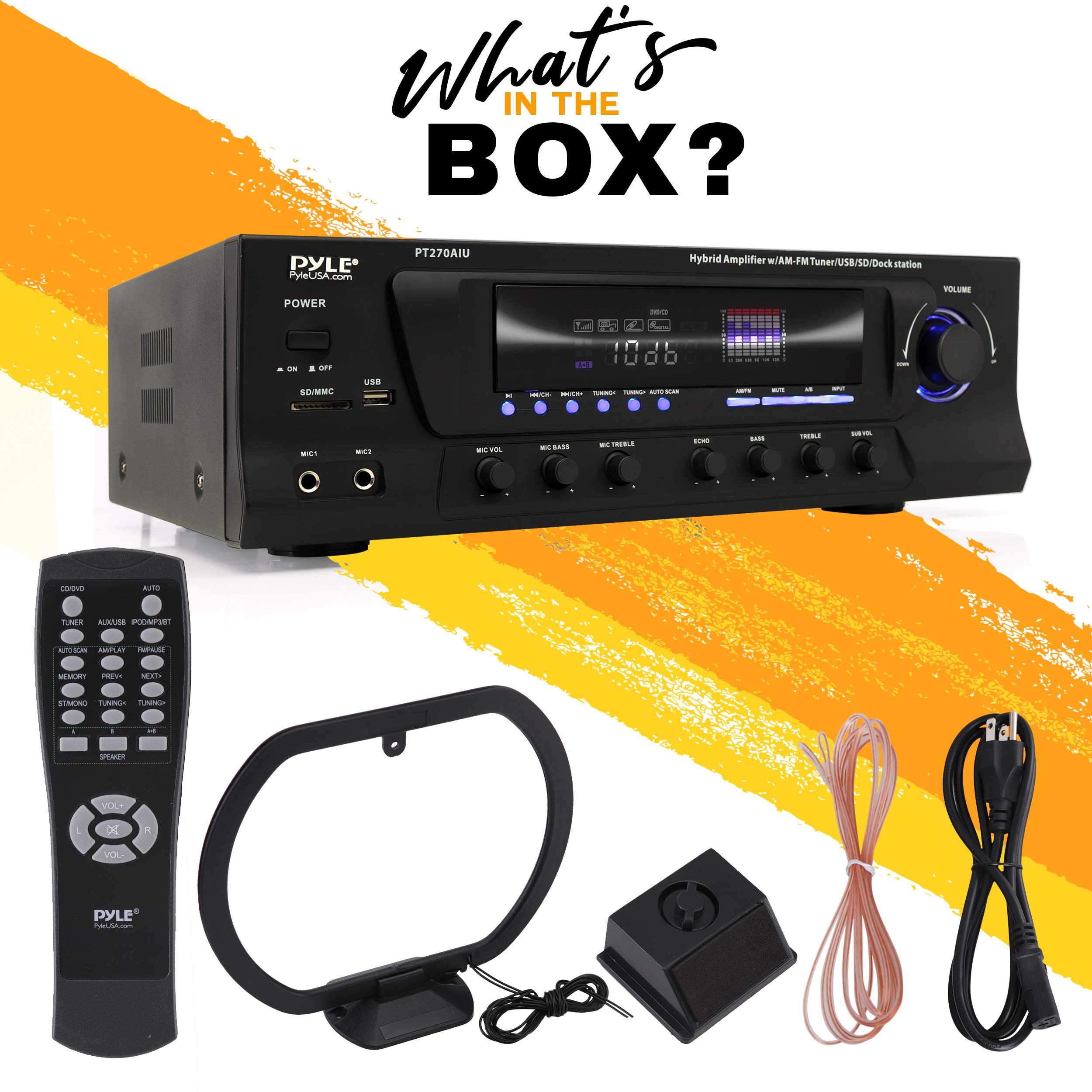 Pyle 300W Digital Stereo Receiver System - AM/FM Qtz. Synthesized Tuner, USB/SD Card MP3 Player & Subwoofer Control, A/B Speaker, iPod/MP3 Input w/Karaoke, Cable & Remote Sensor - Pyle PT270AIU.5