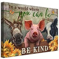 WOWGOOMO Rustic Farm Cow Pig Donkey Wall Art Be Kind Movitational Wall Art for Office Farmhouse Animal Picture Print on Canvas Painting Framed Artwork for Living Room Bedroom Kitchen Decor 12x16 inch