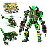 JITTERYGIT Robot Army Buildable Mech Soldier Glow in The Dark Gift Toy Set, Helicopter Military Creative STEM Project, Dinosaur Building Bricks Kit for Kids Ages 6-11 Years Old