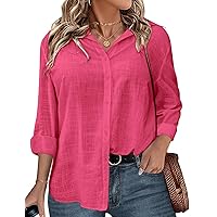 IN'VOLAND Plus Size Women's Button Down Shirts Cotton V Neck Long Sleeve Casual Work Blouse Tops Rose Red