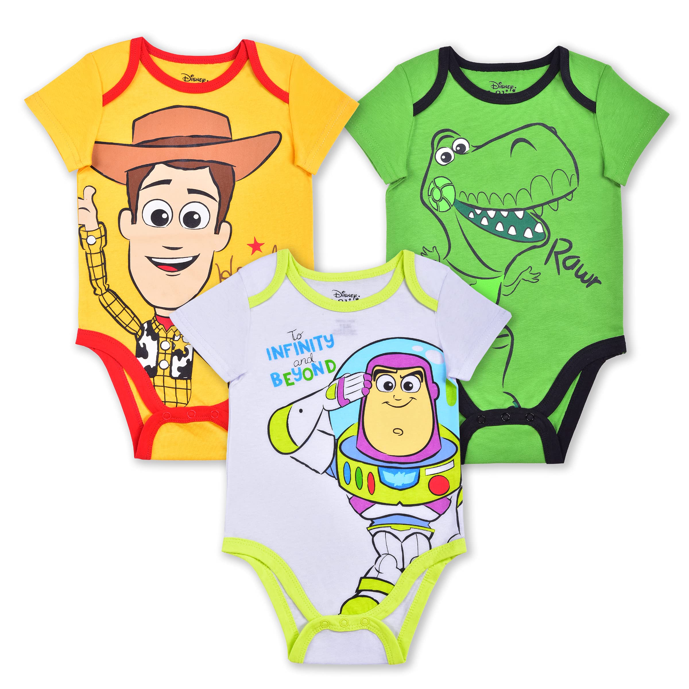 Disney Toy Story Boys Woody, Buzz Lightyear and Rex 3 Pack Bodysuit Creeper for Newborn and Infant – Yellow/Green/White